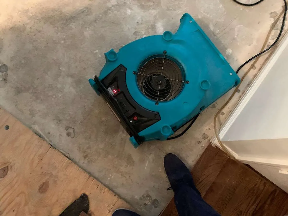 Air mover drying subfloor during Commercial Water Damage Restoration in East Riverdale